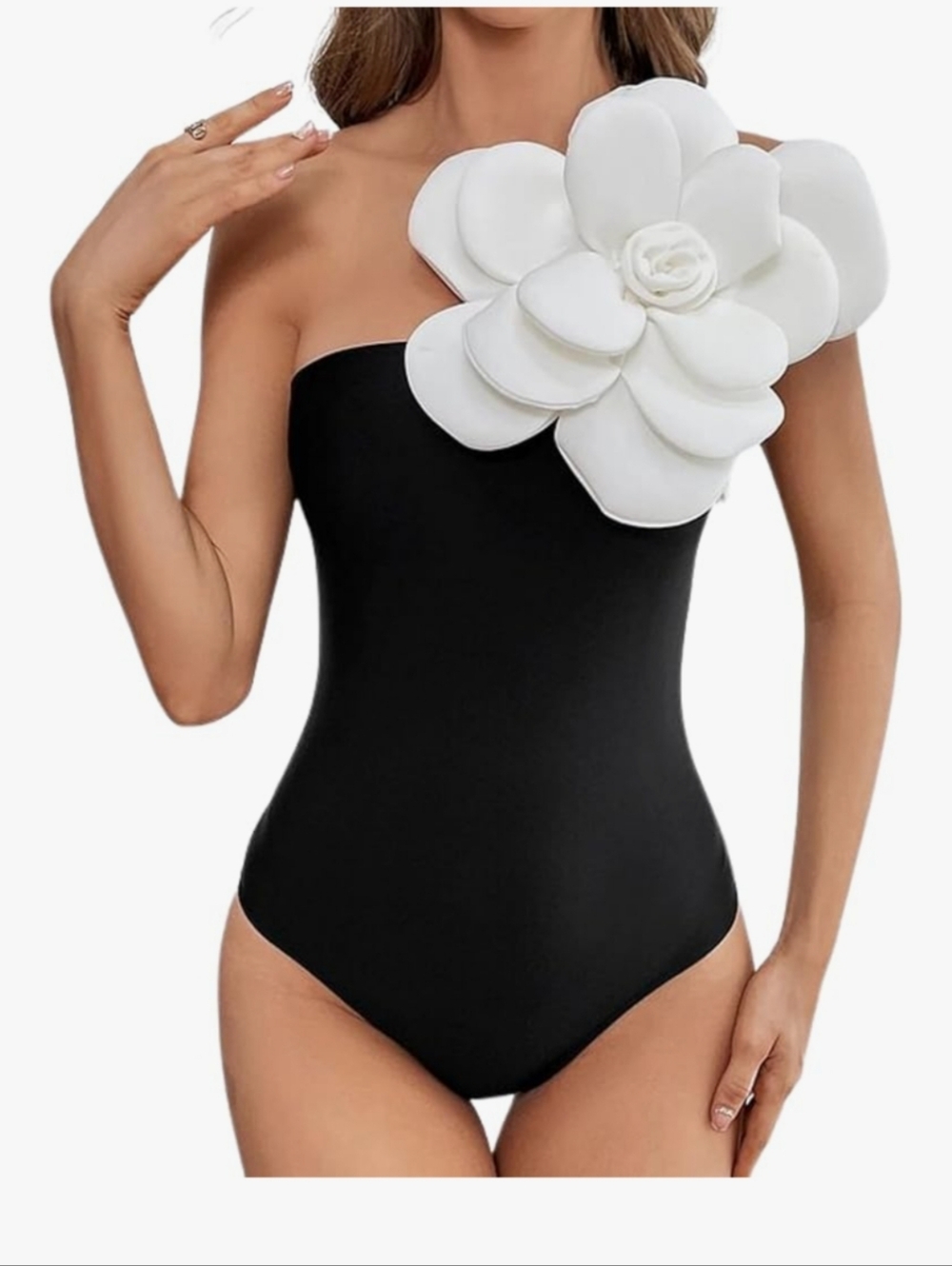Strapless Black Bodysuit with Oversized White Floral Accent